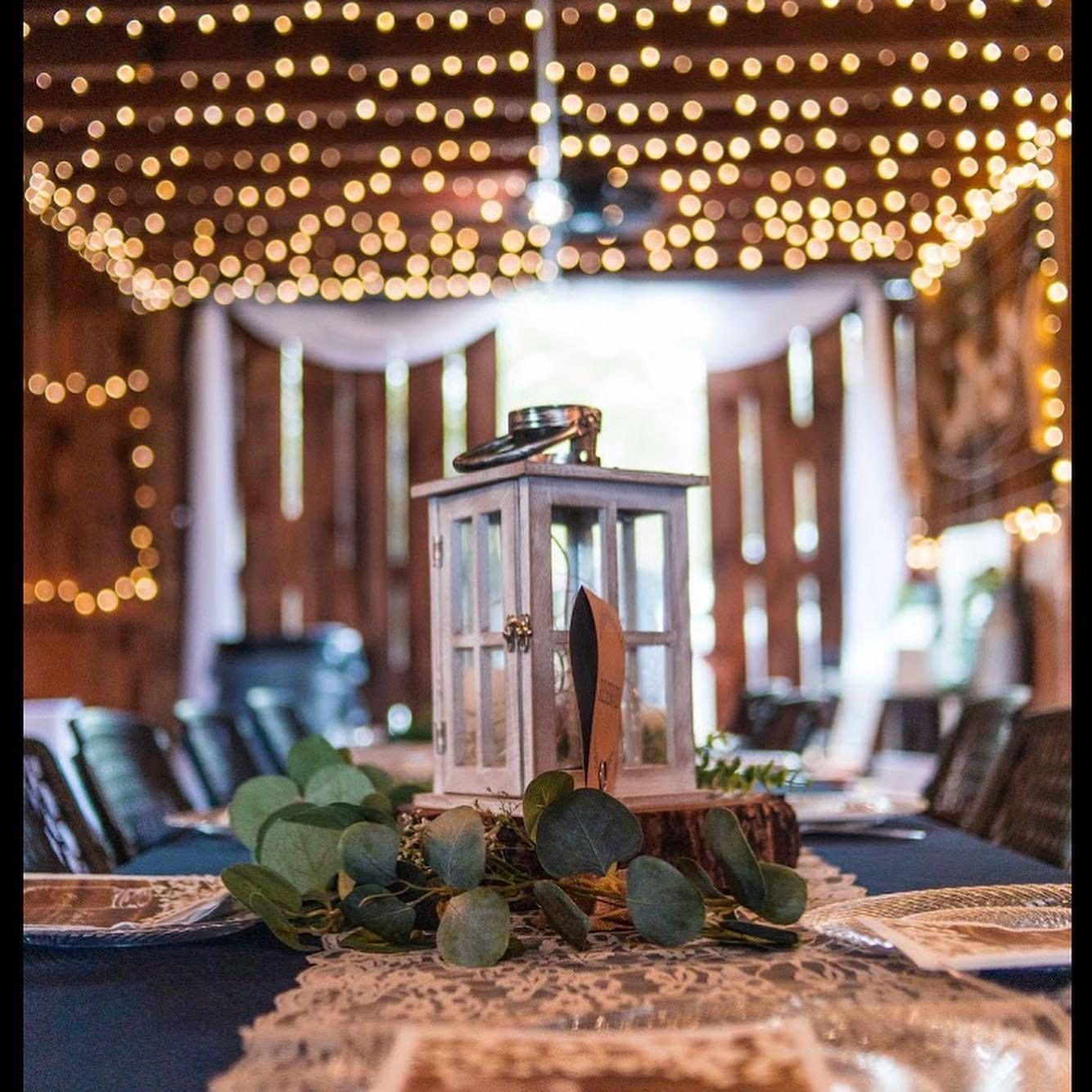 Barn under string lights